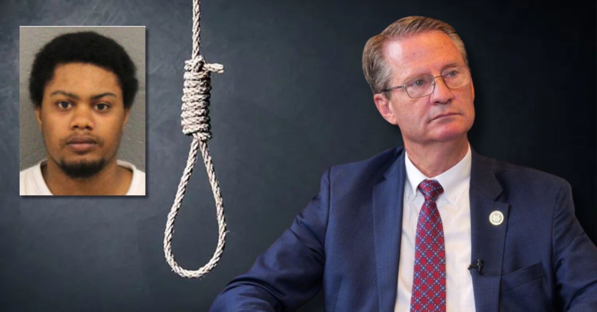 Image depicting a serious discussion on justice, featuring a man in a suit alongside a mugshot of a suspect and a noose symbolizing capital punishment.