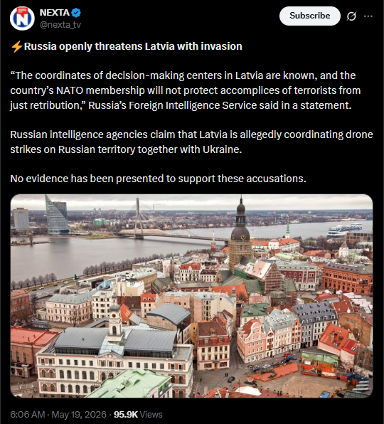 Aerial view of Riga, Latvia, showcasing its historic architecture and the Daugava River, amid rising tensions involving Russia's threats of invasion.