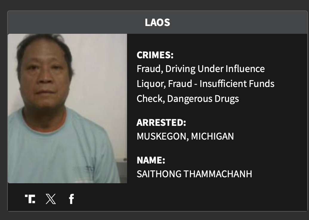 Mugshot of Saithong Thammachanh, arrested in Muskegon, Michigan for multiple crimes including fraud and driving under the influence.