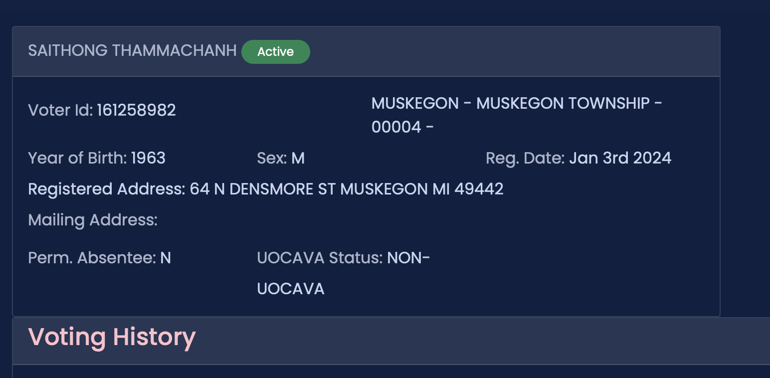 Voter registration details for Saithong Thammachanh, including voter ID, birth year, registered address, and registration date in Muskegon Township, Michigan.