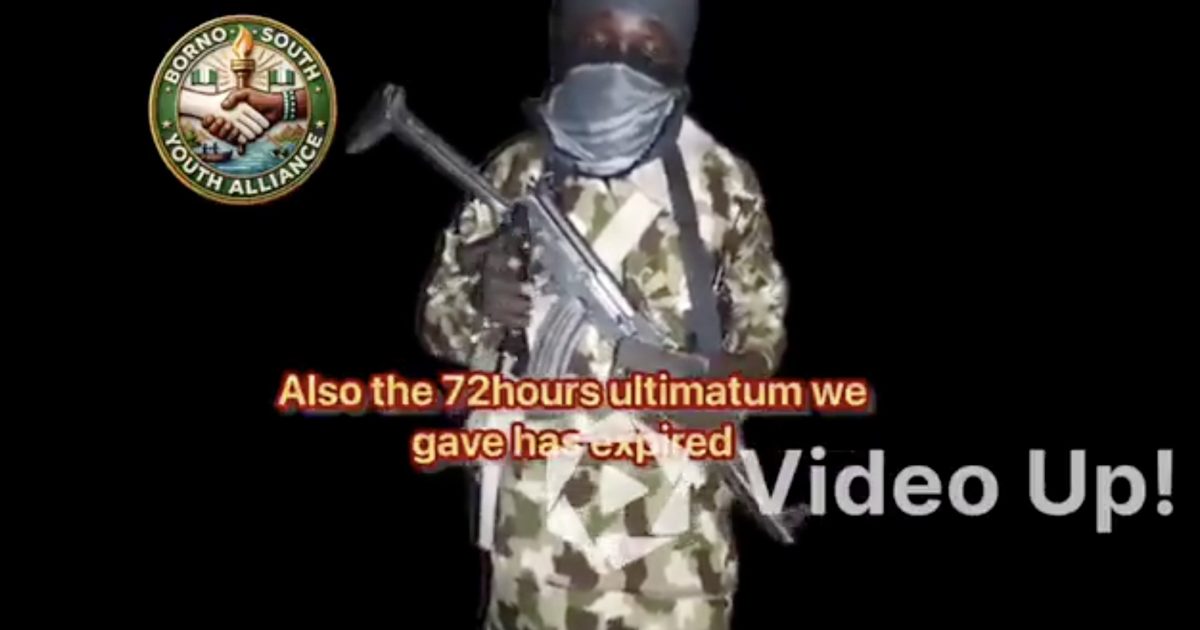 Masked individual in military camouflage holds a rifle, with a graphic indicating an expired ultimatum in the context of Borno South Youth Alliance.