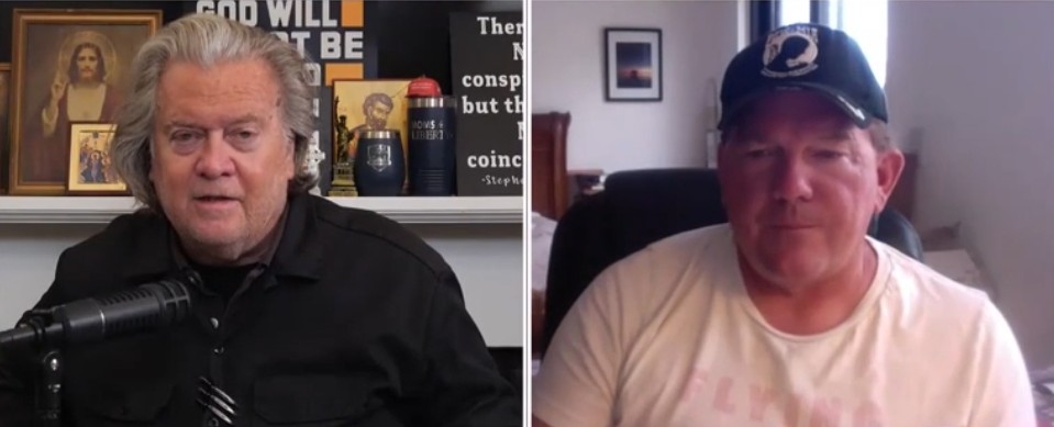 Steve Bannon and a guest discussing current events during a video podcast, with religious imagery and motivational quotes in the background.