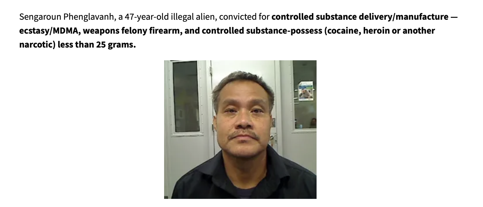 Mugshot of Sengaroun Phenglavanh, a 47-year-old man convicted of drug-related offenses, including ecstasy distribution and possession of firearms.