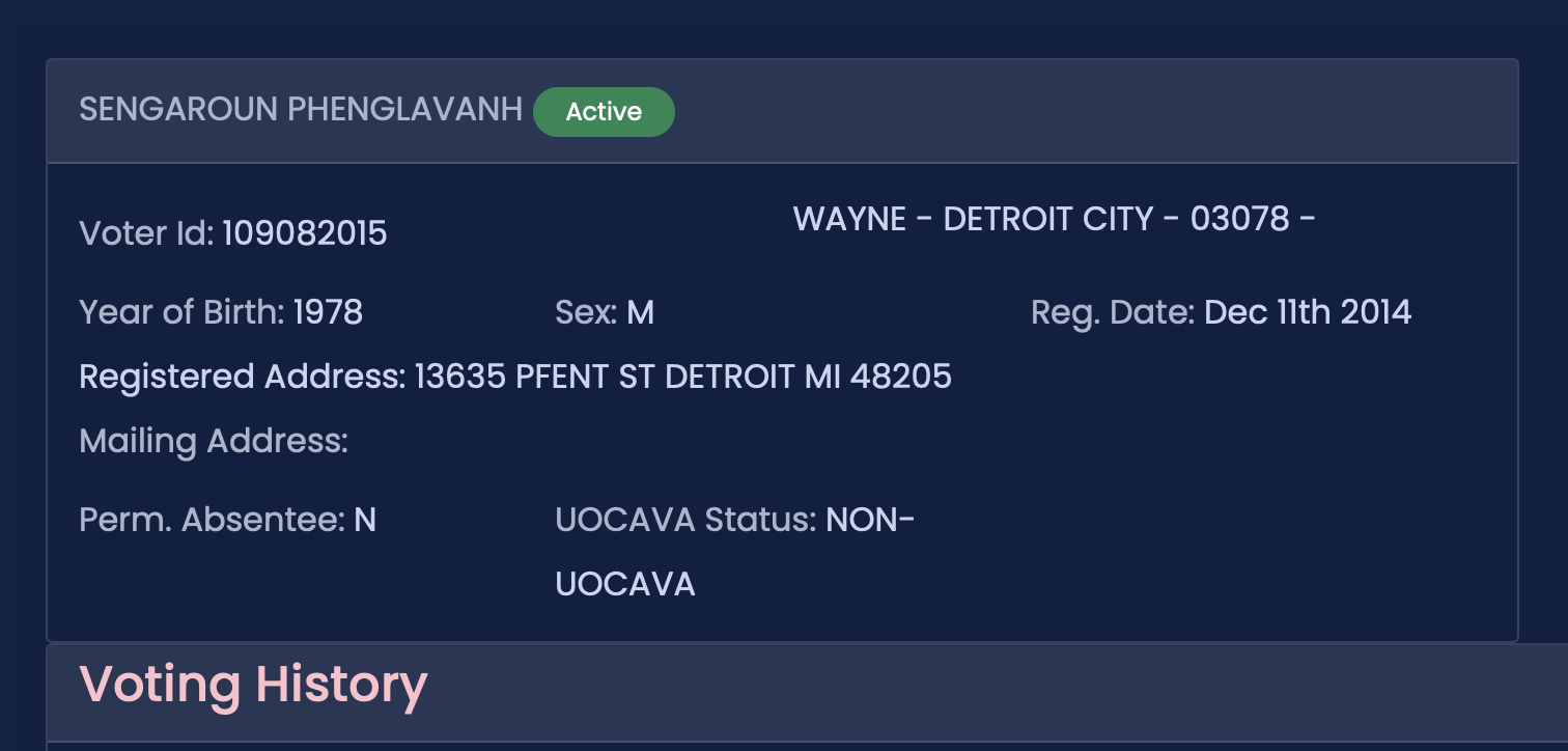 Voter registration details for Sengaroun Phenglavanh, including voter ID, birth year, registered address, and voting status in Wayne, Detroit.