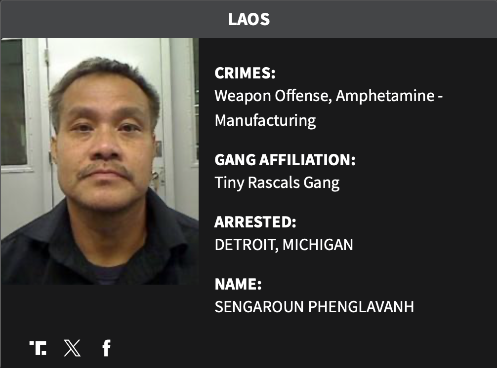 Mugshot of Sengaroun Phenglavanh, arrested in Detroit, Michigan for weapon offenses and amphetamine manufacturing, affiliated with the Tiny Rascals Gang.