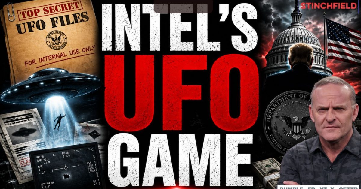 Image depicting a collection of top-secret UFO files, featuring a UFO, government imagery, and a host discussing intelligence-related topics.