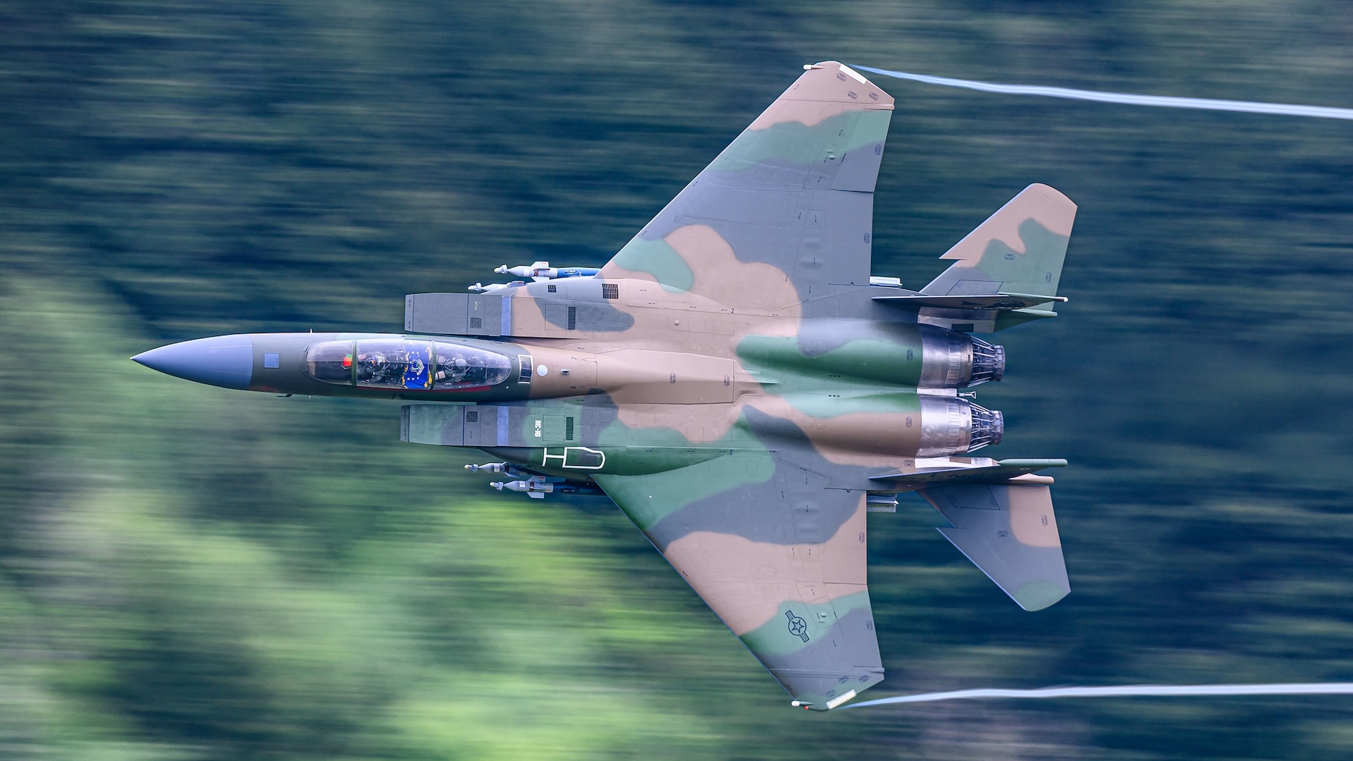A U.S. Air Force F-15E Strike Eagle, specially painted to mark 40 years since Operation Eldorado Canyon, the raid on Libya, has taken to the air.
