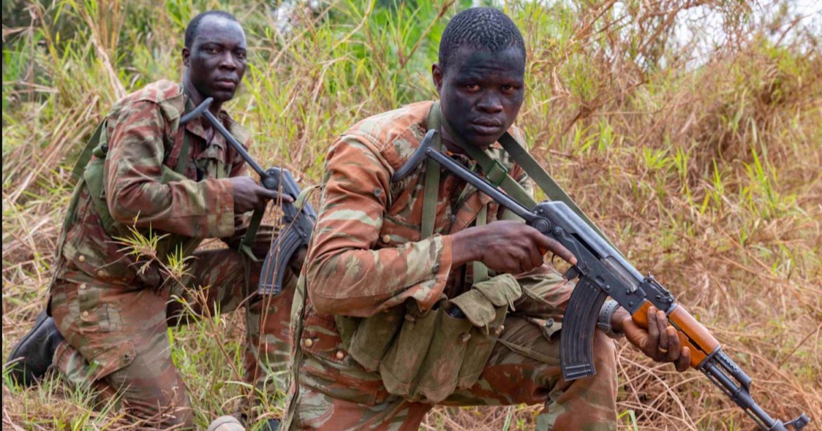 Two soldiers in camouflage uniforms crouch in tall grass, holding rifles as they prepare for action in a military training or operational setting.