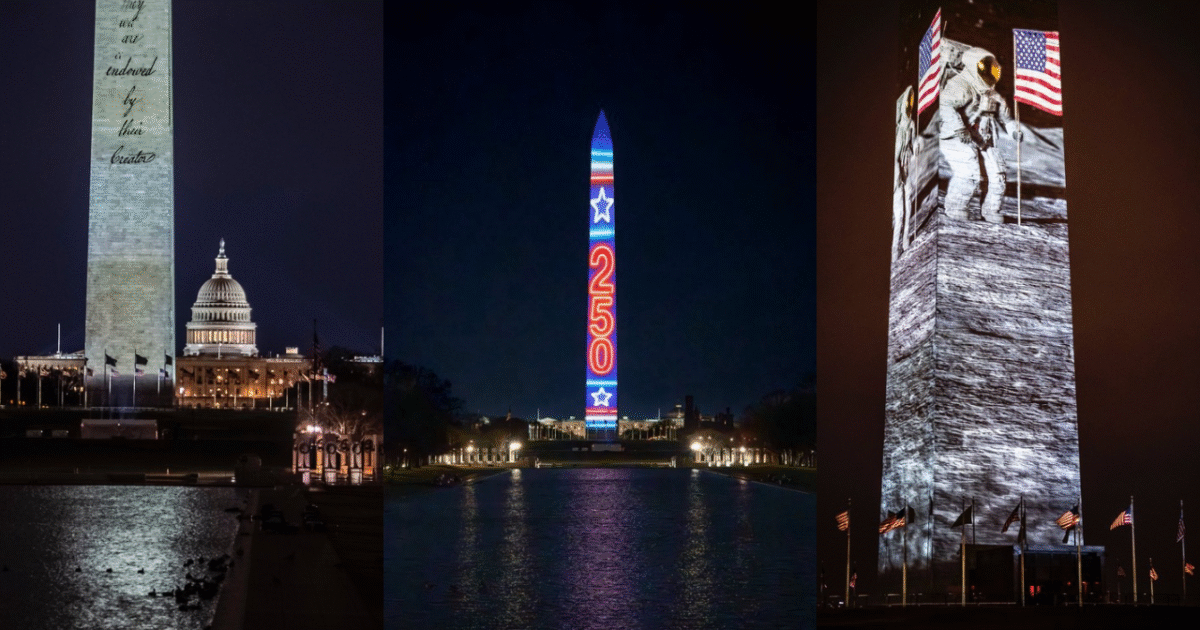Washington Monument illuminated at night, featuring patriotic projections and the U.S. Capitol building in the background, highlighting a festive celebration.