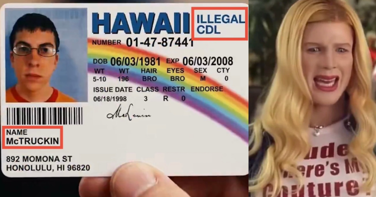 Hawaii driver's license labeled as illegal, featuring a male photo and personal details including the name McTRUCKIN.