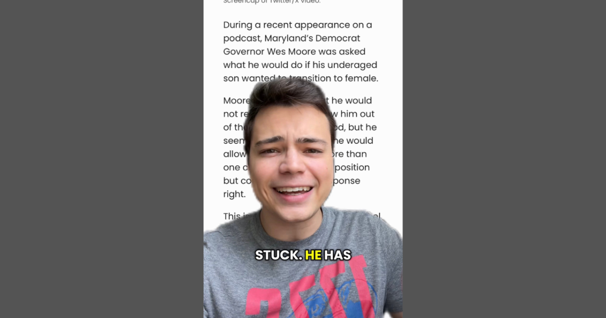 Man smiling while discussing Maryland Governor Wes Moore's response to his son's potential gender transition during a podcast.