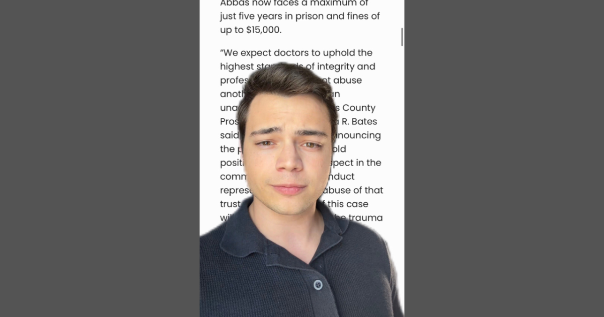 A young man with short hair and a serious expression stands in front of a blurred text background discussing legal consequences for professional misconduct.