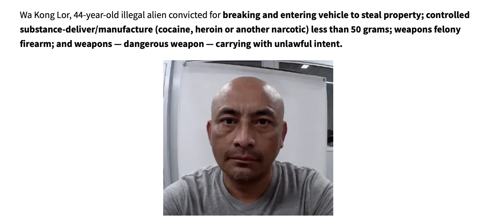 Mugshot of Wa Kong Lor, a 44-year-old man convicted of multiple crimes including breaking and entering, drug offenses, and illegal possession of a firearm.