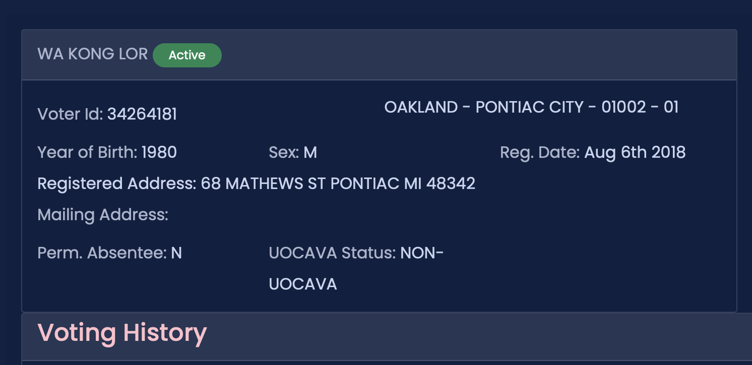 Voter registration details for Wa Kong Lor, active voter from Pontiac, Michigan, including voter ID, birth year, and registered address.