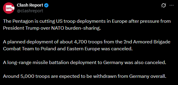 US troop deployments in Europe are being reduced, with cancellations affecting 4,700 troops to Poland and Eastern Europe, and 5,000 troops expected to withdraw from Germany.