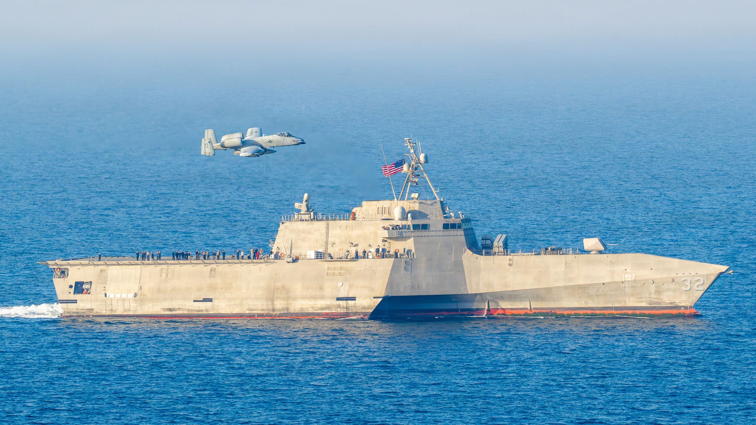 A U.S. Air Force A-10 Thunderbolt II aircraft provides close air support to Independence-variant littoral combat ship USS Santa Barbara (LCS 32) during a training exercise in the Arabian Gulf, Feb. 2, 2026. Santa Barbara is deployed to the U.S. 5th Fleet area of operations to support maritime security and stability in the Middle East. (U.S. Navy photo by Mass Communication Specialist 2nd Class Iain Page)