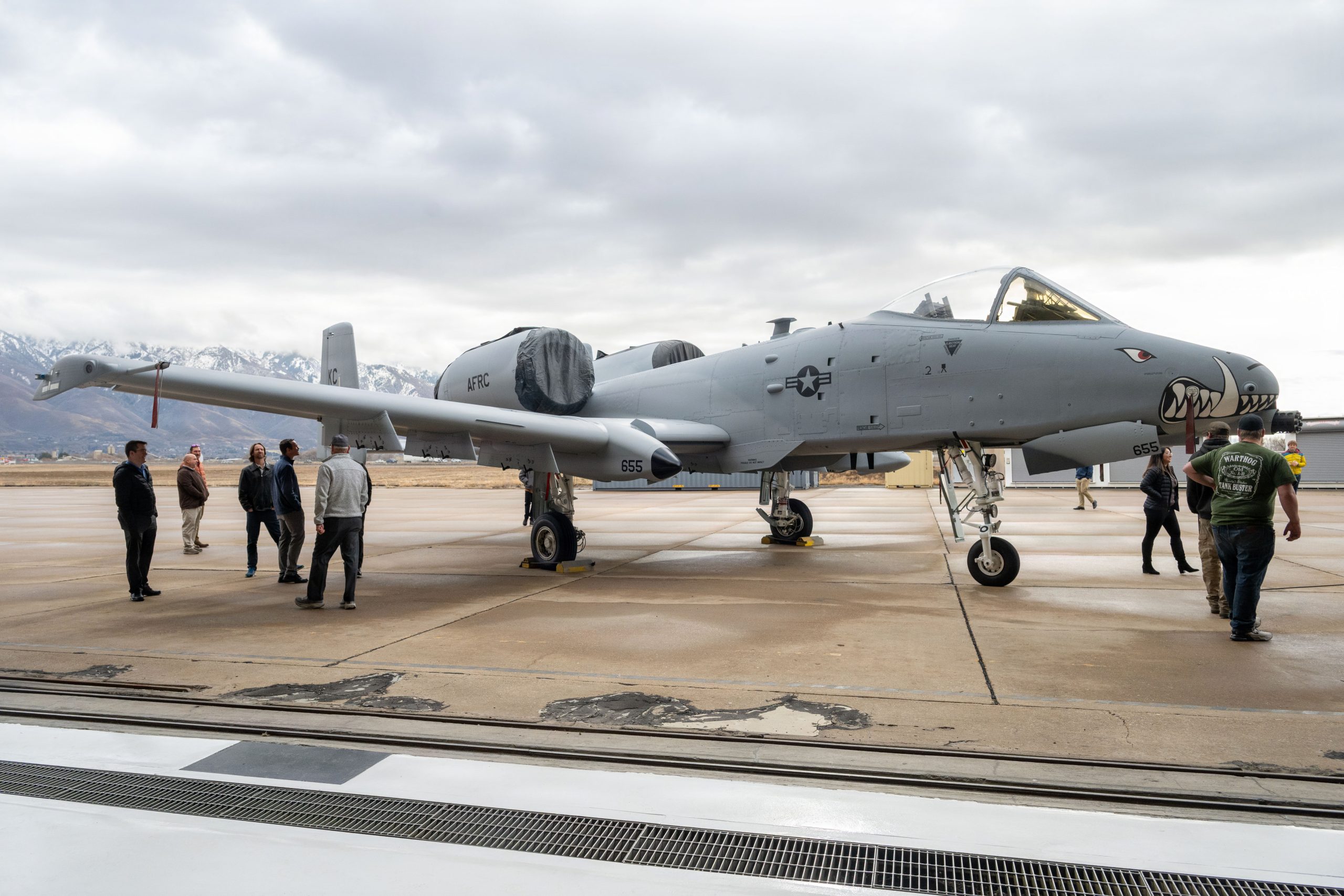 An A-10 Thunderbolt II with tail No. 78-0655 is positioned near the hangar during the “Hawg Out” ceremony Feb. 12, 2026, at Hill Air Force Base, Utah. The aircraft is the final A-10 to be maintained by the Ogden Air Logistics Complex's 571st Aircraft Maintenance Squadron, which has performed depot-level maintenance on the aircraft since 1998. (U.S. Air Force photo by Cynthia Griggs)