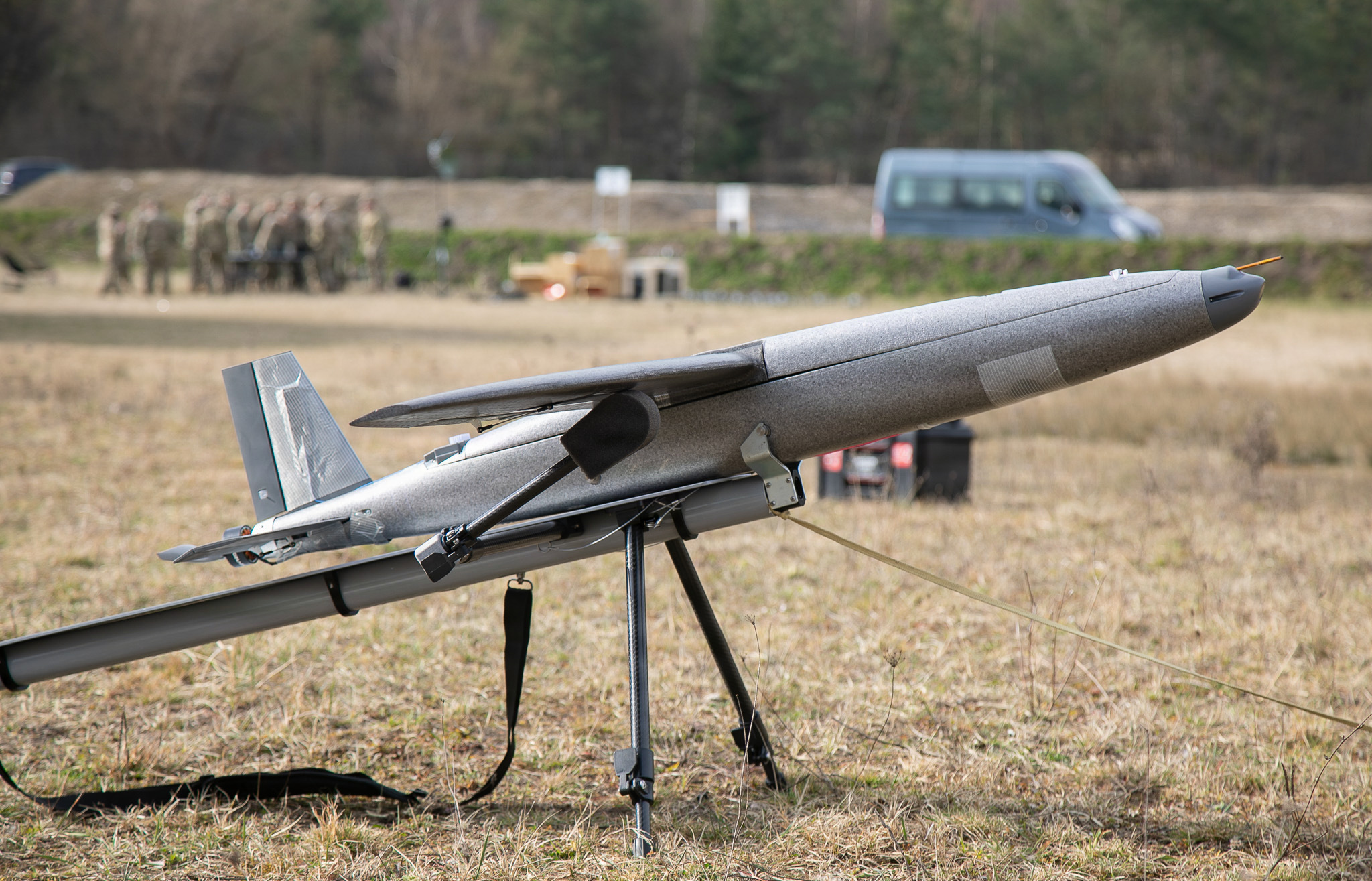 A one-way attack Hornet Drone is set up during a demonstration in the 7th Army Training Command’s (7th ATC) Grafenwoehr Training Area, Germany, March 25, 2026. The demonstration provided leaders with insight into how AI-enabled one-way attack systems operate alongside Army fires formations. (U.S. Army photo by Spc. Thomas Dixon)