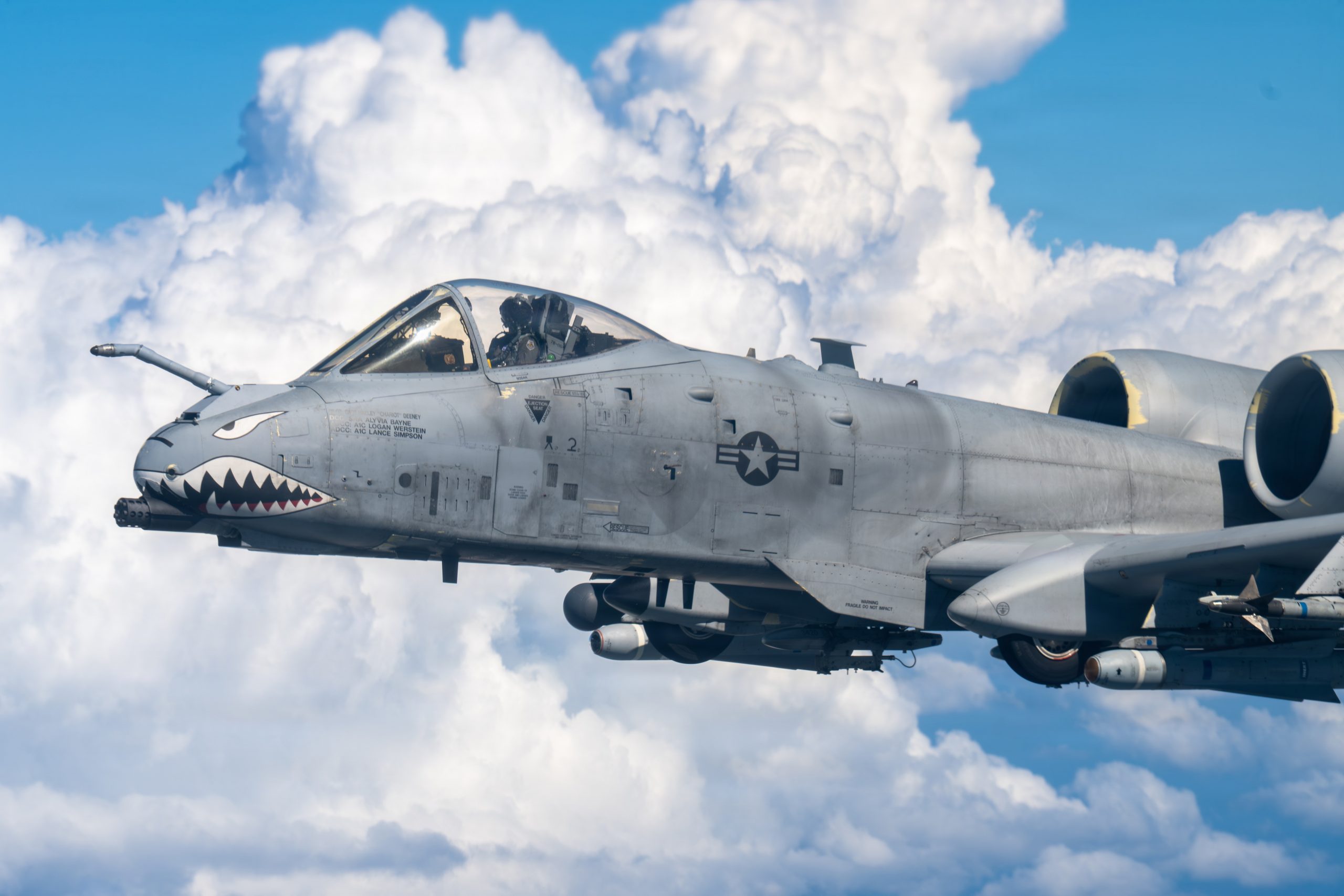 An A-10C Thunderbolt II assigned to the 74th Fighter Squadron flies with its new refueling probe at Moody Air Force Base, Georgia, May 19, 2026. The A-10 successfully refueled from an HC-130J Combat King II assigned to the 71st Rescue Squadron, demonstrating the new system’s effectiveness. (U.S. Air Force photo by Airman 1st Class Rachel Howell)