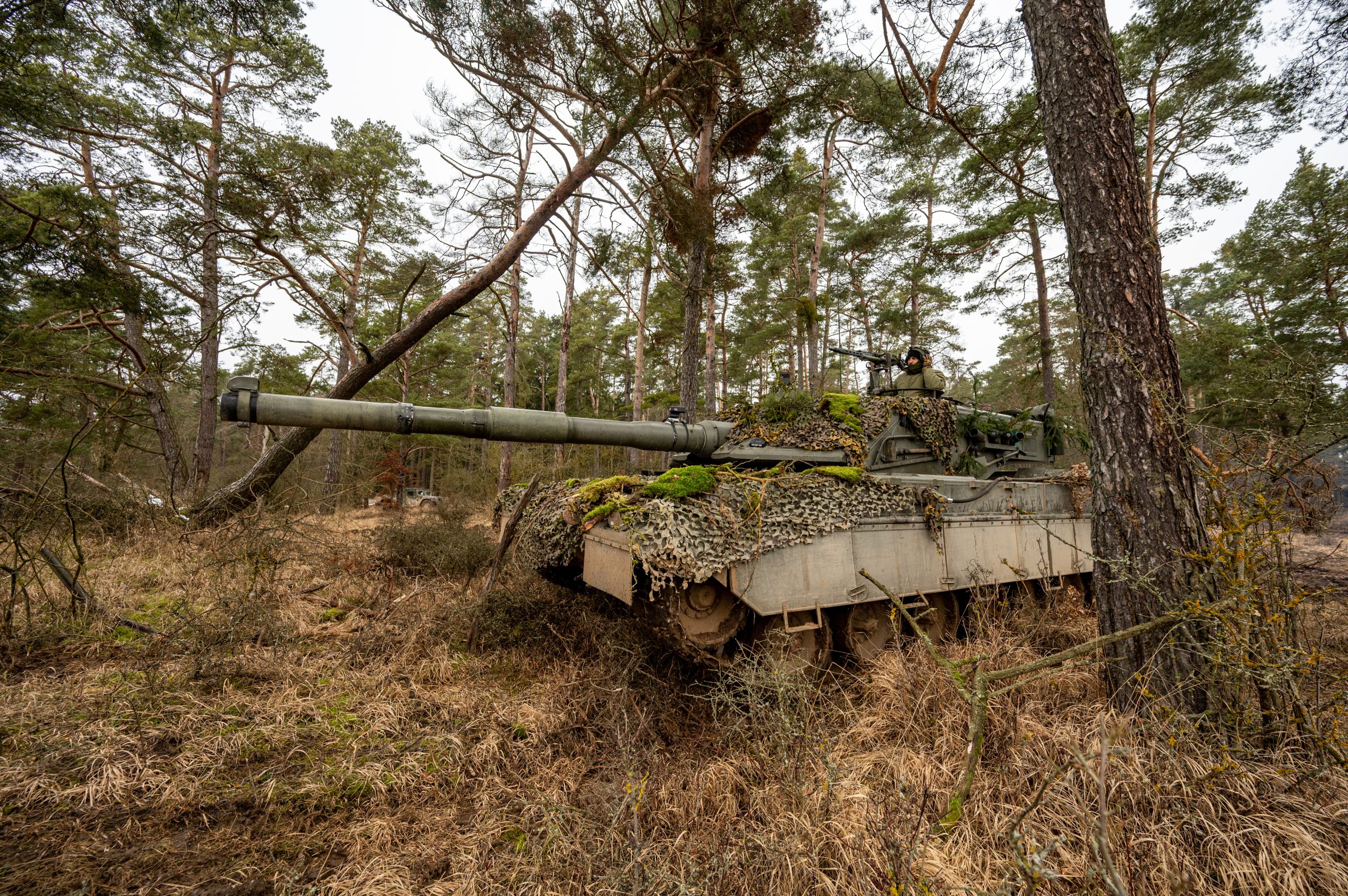27 January 2022, Bavaria, Hohenfels: An Italian Ariete main battle tank stands in a wooded area during the international military exercise "Allied Spirit 2022" at the Hohenfels military training area. With helicopters, tanks and infantry, military forces from more than ten countries are currently training for emergencies at a training area. Photo: Armin Weigel/dpa (Photo by Armin Weigel/picture alliance via Getty Images)