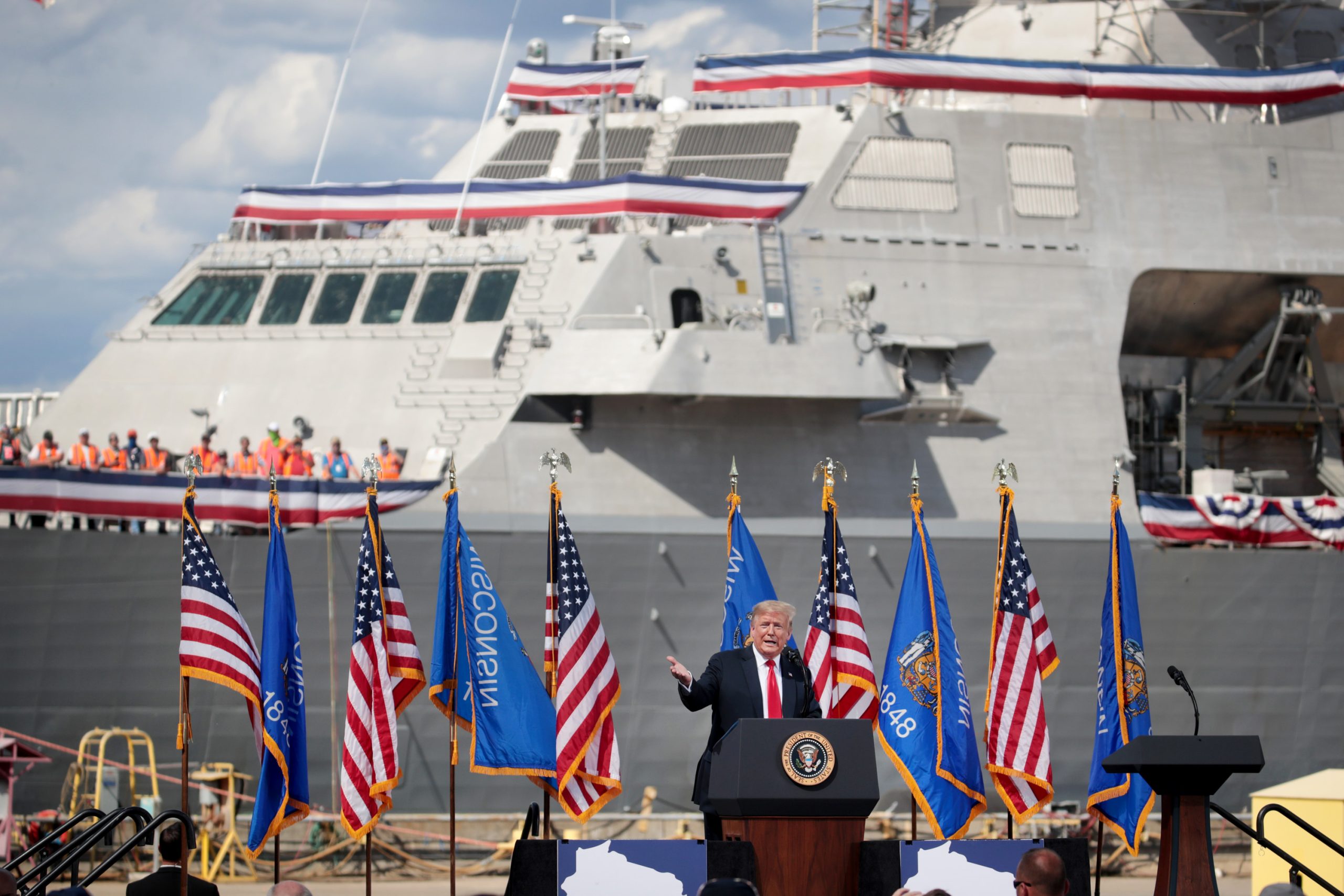 MARINETTE, WISCONSIN - JUNE 25: US President Donald Trump speaks to workers during a visit to the Fincantieri Marinette Marine shipyard on June 25, 2020 in Marinette, Wisconsin. The company was recently awarded a $5.5 billion contract to build ships for the U.S. Navy. (Photo by Scott Olson/Getty Images)