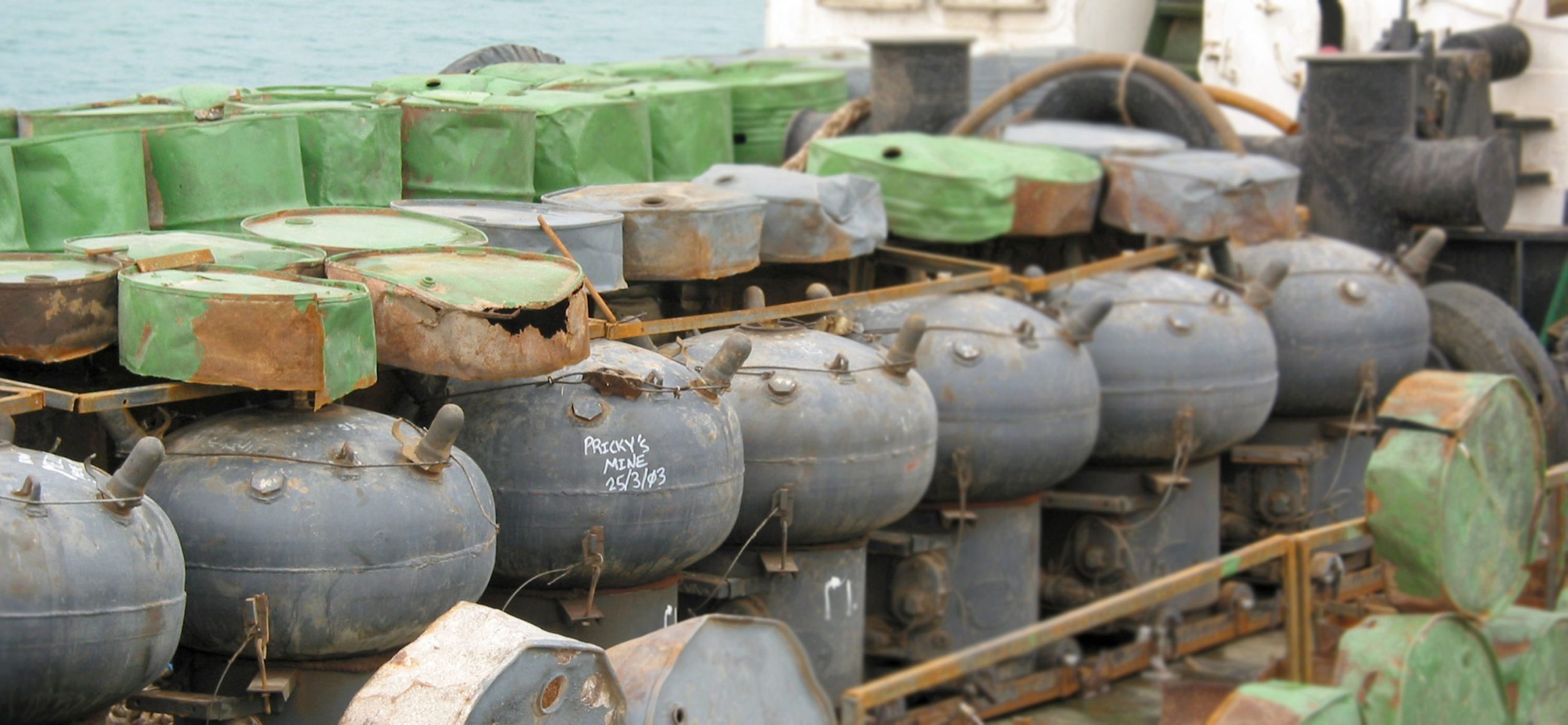ARABIAN GULF - MARCH 26: In this U.S. Navy handout mines are seen which were found on four Iraqi vessels that were intercepted in the Khor Abd Allah waterway by U.S.-led coalition forces March 26, 2003 in the Arabian Gulf. Nearly 100 mines were transported for further analysis and destruction to Camp Patriot, Kuwait. (Photo by Joseph Krypel/U.S. Navy/Getty Images)