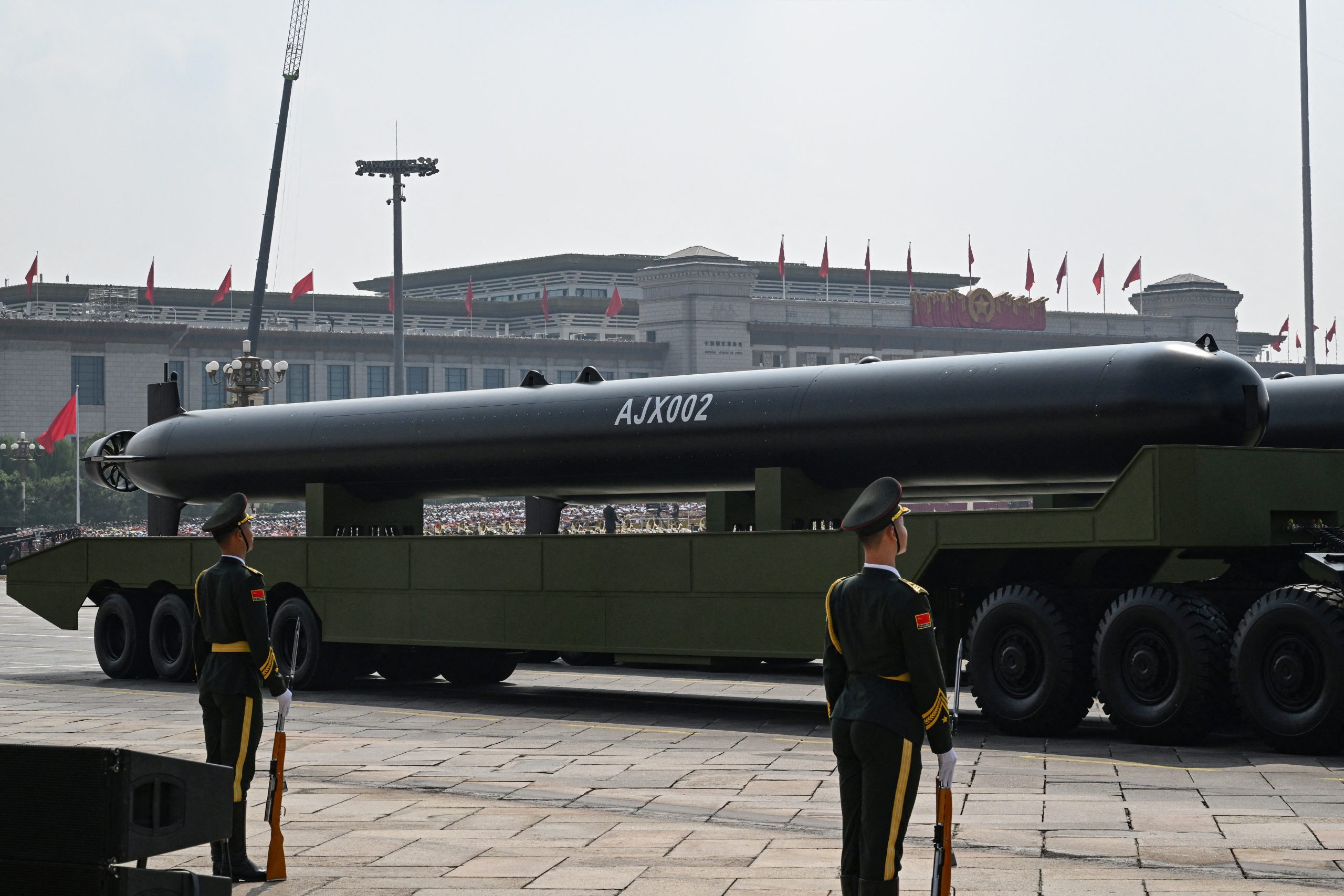 An AJX002 unmanned underwater vehicles is seen during a military parade marking the 80th anniversary of victory over Japan and the end of World War II, in Beijing's Tiananmen Square on September 3, 2025. (Photo by Greg Baker / AFP) (Photo by GREG BAKER/AFP via Getty Images)