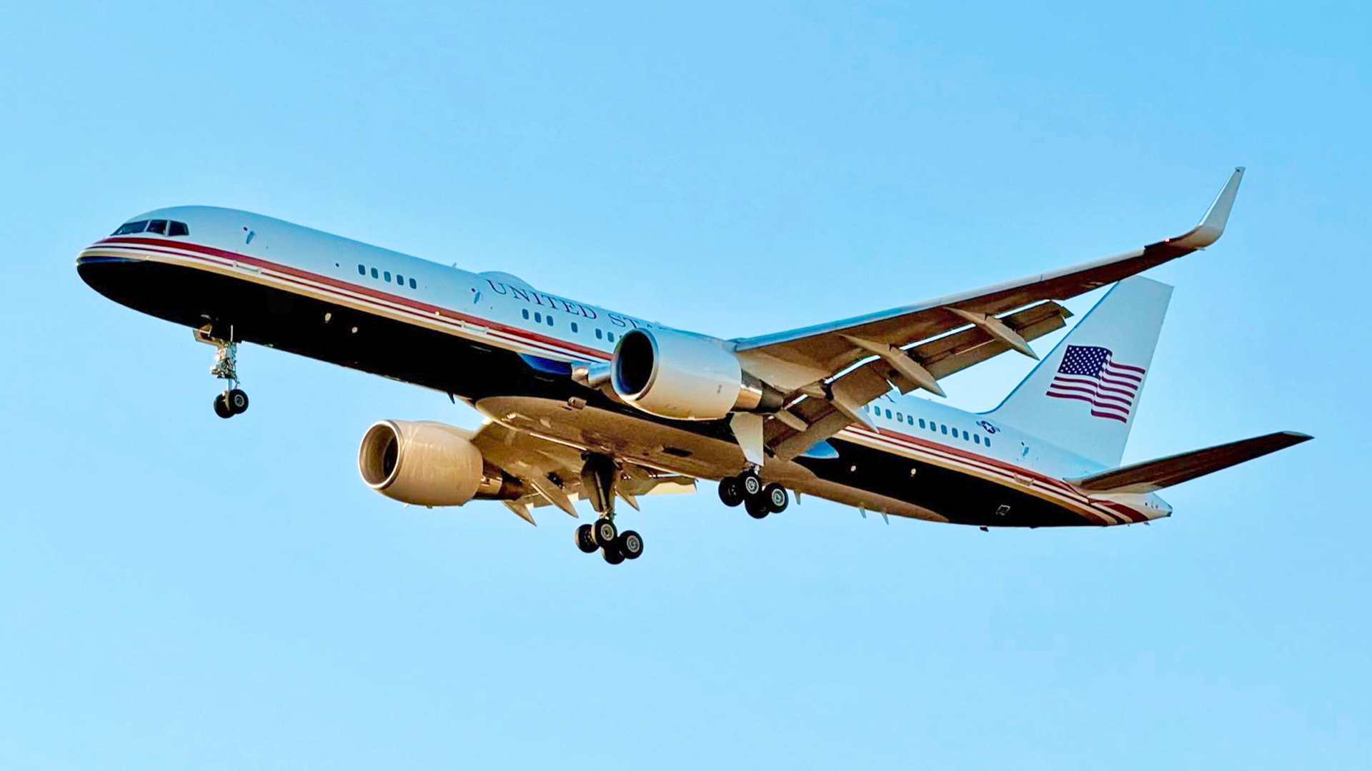 One of the U.S. Air Force's C-32A VIP aircraft has re-emerged wearing a new red, white, and blue paint scheme.