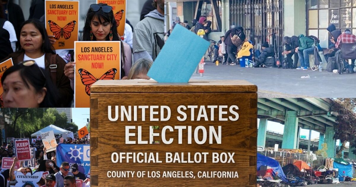 Diverse group of activists holding signs for Los Angeles as a sanctuary city, with a ballot box in the foreground, highlighting civic engagement and social issues.