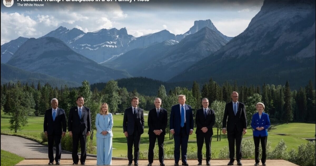 G7 leaders pose for a family photo outdoors with mountains in the background, showcasing international collaboration and diplomacy.