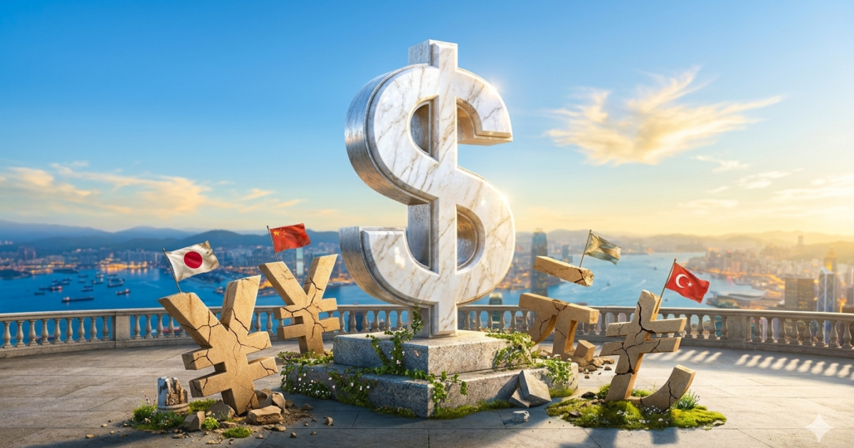 A large dollar sign surrounded by cracked currency symbols and flags representing Japan, China, Pakistan, and Turkey against a scenic urban backdrop.