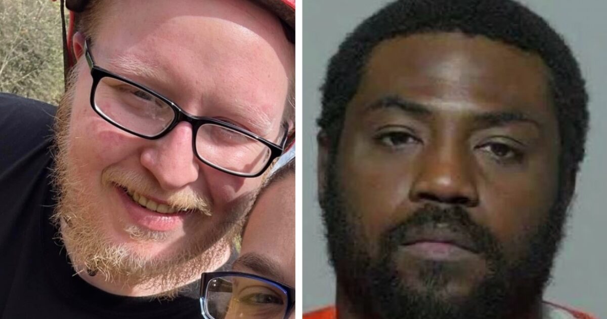 Image split showing a smiling man with glasses on the left and a serious man in an orange jumpsuit on the right, highlighting contrasting expressions and contexts.