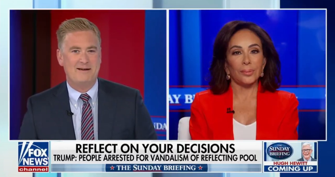 News segment featuring hosts discussing recent events, including arrests related to vandalism at the reflecting pool, on Fox News channel's Sunday briefing.