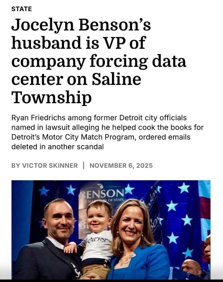 Jocelyn Benson poses with her husband and son at an event, highlighting his role as VP of a company involved in a controversial data center project.