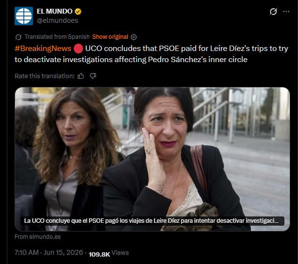 Two women appear concerned outside a building, related to a news story about PSOE funding trips to influence investigations involving Pedro Sánchez's inner circle.