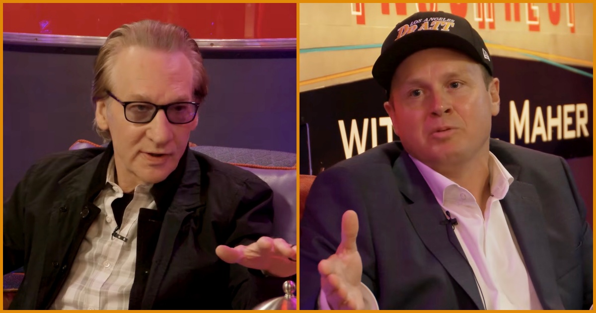 Bill Maher and a guest engage in a lively discussion on current events, showcasing their unique perspectives in a talk show setting.