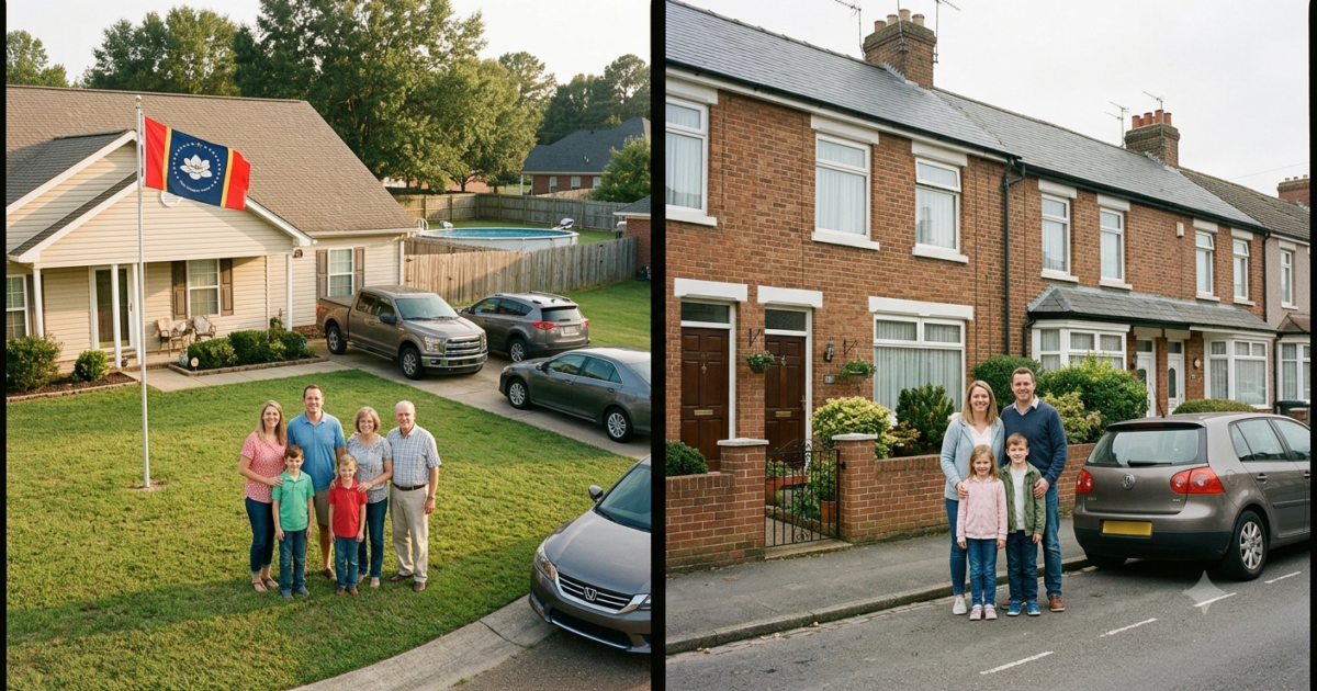 Family portraits showcasing two distinct homes: one in a suburban setting with a flag and pool, and another in a brick row house neighborhood.