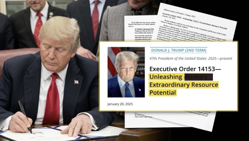 Donald Trump signing Executive Order 14153 on January 20, 2025, focused on unleashing extraordinary resource potential in his second term as President.