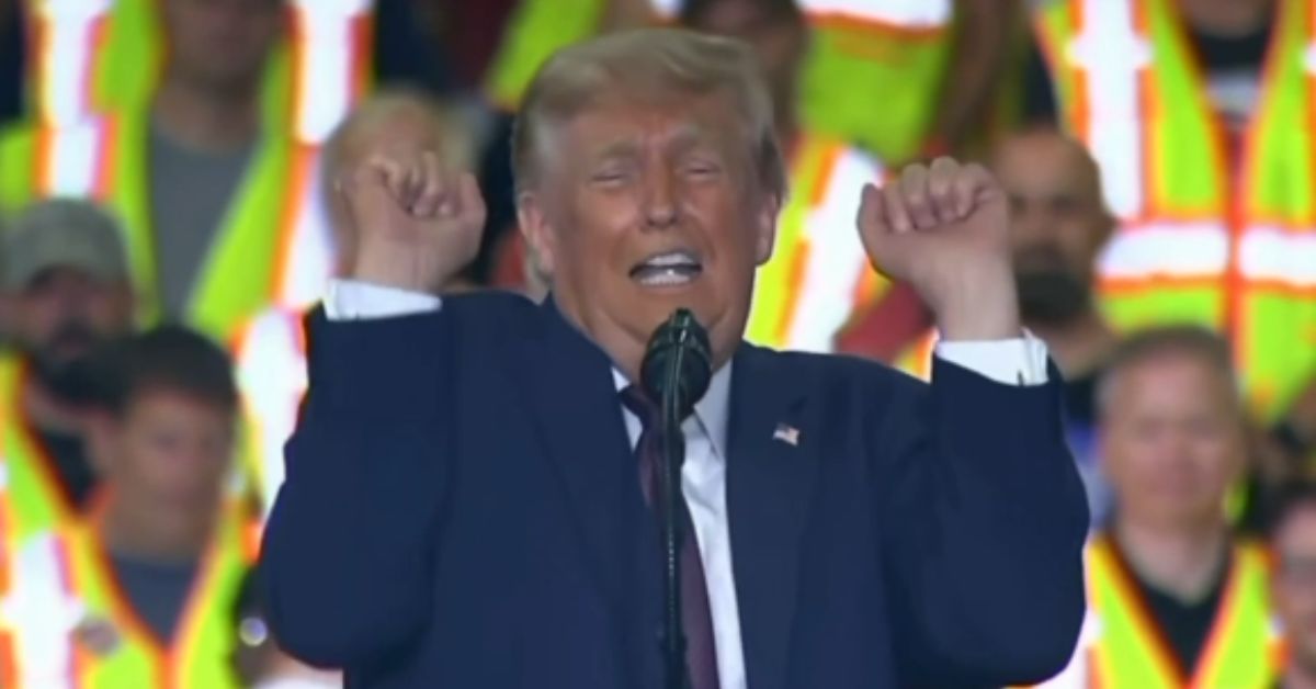 Donald Trump speaking animatedly at a rally, surrounded by an audience in safety vests, expressing enthusiasm and engaging with supporters.