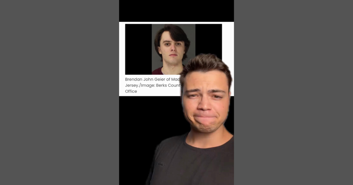 Image of a young man with a concerned expression, featuring a police mugshot of Brendan John Geier from New Jersey in the background.