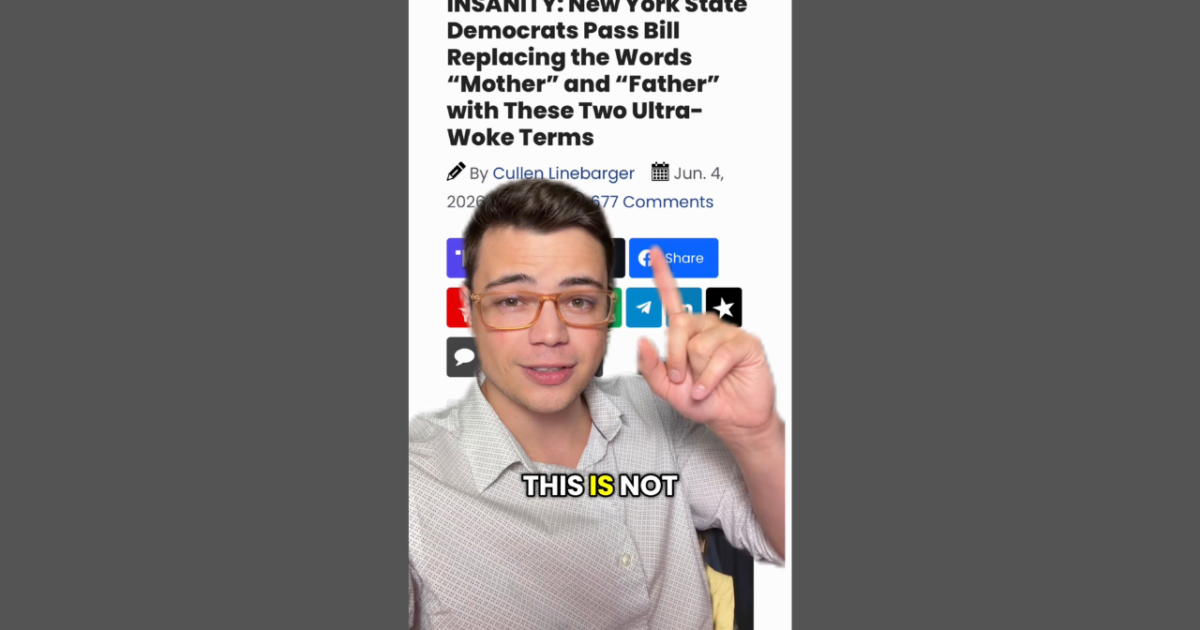 Person with glasses gesturing while discussing a controversial New York bill about replacing traditional parental terms with alternative language.