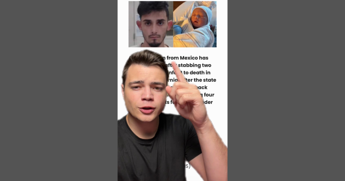 Image features a man pointing while discussing a news story about a stabbing incident involving infants in California, with images of a suspect and a baby.