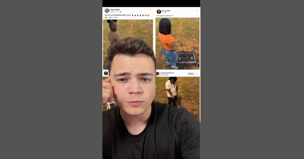 Young man with short hair looking thoughtful, surrounded by social media posts featuring friends in various outdoor settings, including a grave marker.