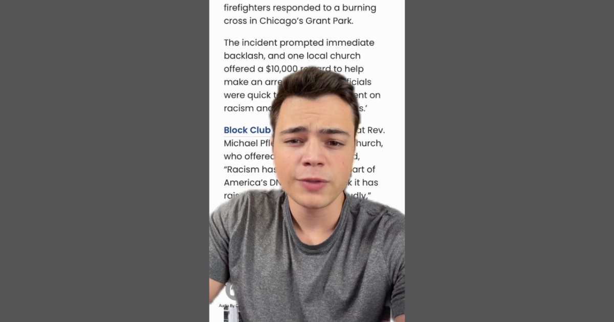 A young man speaks about a burning cross incident in Chicago, highlighting community responses and discussions on racism.