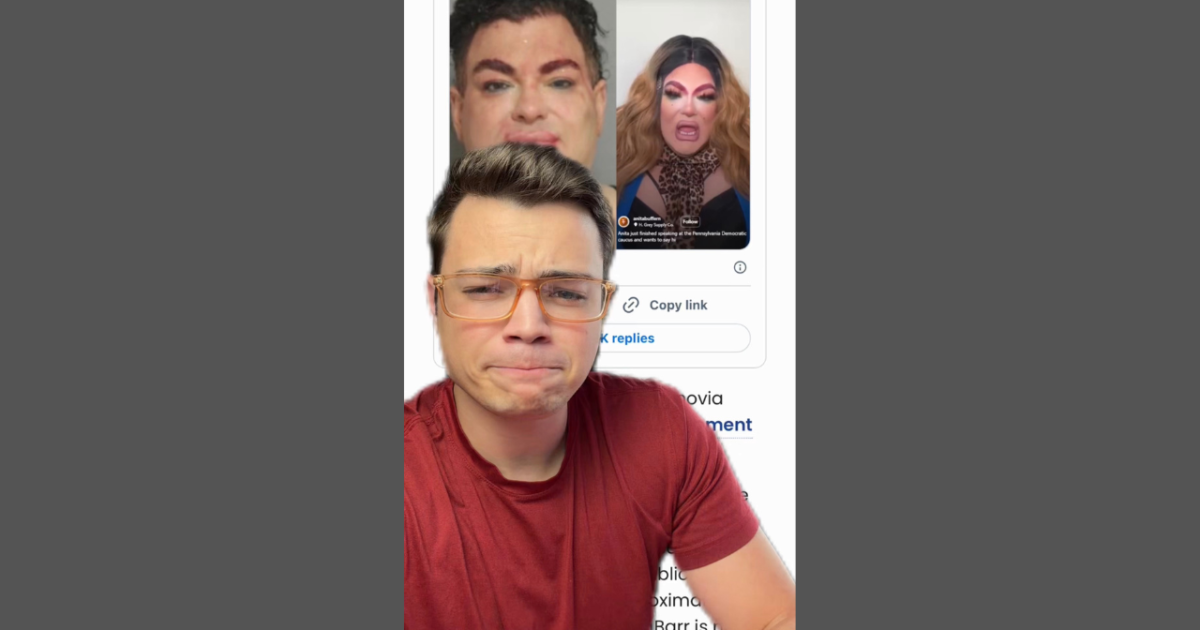 A man with glasses looks concerned while a split-screen shows a drag performer and a man with heavy makeup, discussing political topics on TikTok.